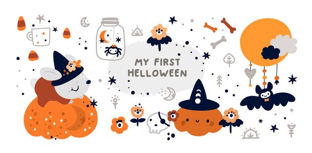 Halloween gyerekes gyűjtemény. Az első Boldog Halloweeni díszletem design elemekkel. Ideális kártyákhoz, plakátokhoz, nyomtatványokhoz, évfordulókhoz, meghívókhoz és gyerekekhez - Vektor, kép