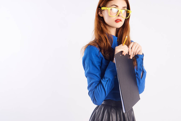 female teacher education science notepad classic suit blue shirt glasses female  - Фото, изображение