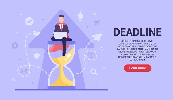 Business deadline concept. Vector flat businessman with a raincoat behind his back sits on an hourglass and works to improve business before time runs out. Web banner on sites and smartphones. EPS 10. - Vector, Image