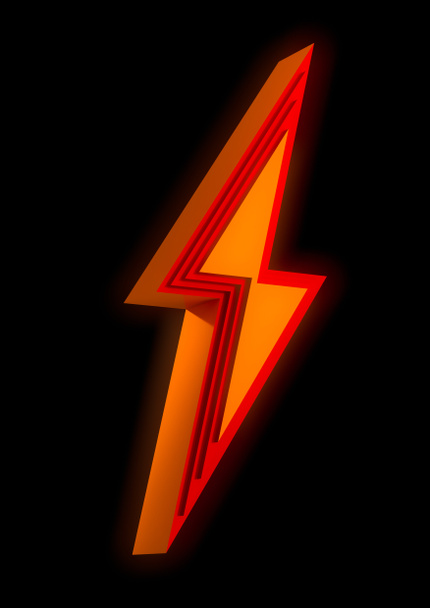 Оранжевый скошенный молниеносный знак на черном фоне. Символ электричества и мощности. 3D-рендеринг - Фото, изображение