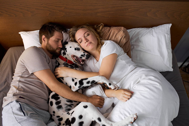 beautiful married couple sleep with dog on bed - Photo, Image
