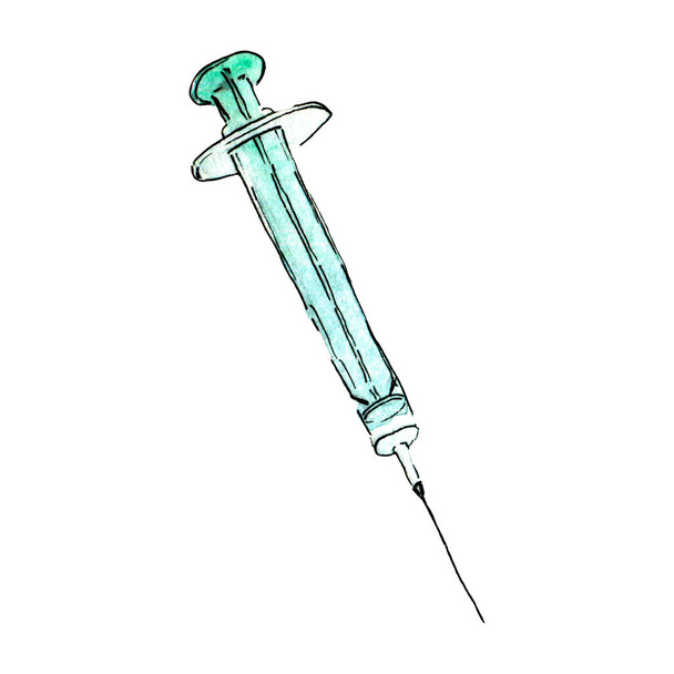 Doodle aquarela de uma seringa médica pintada à mão - Foto, Imagem