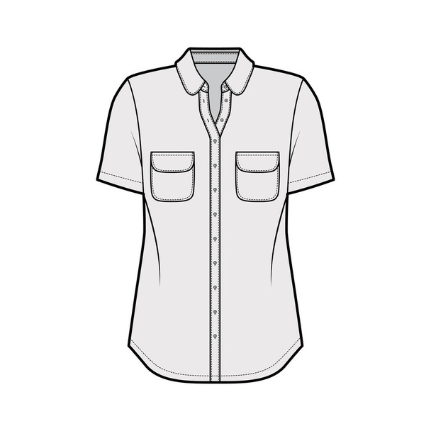 丸みを帯びたポケットや襟、半袖、フロントボタン締結と古典的なシャツの技術的なファッションイラスト - ベクター画像