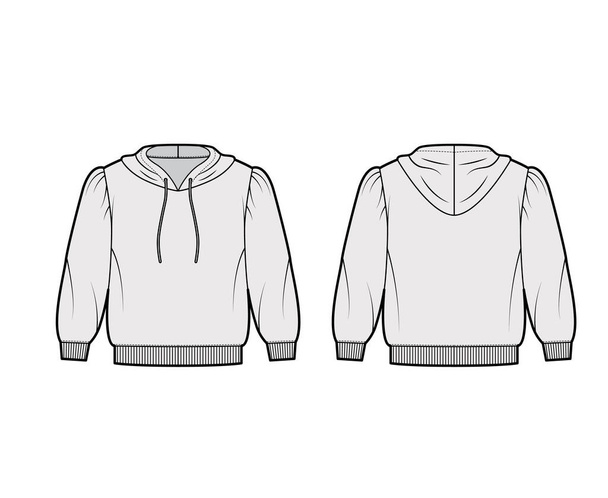 Περικοπή βαμβάκι-φανέλα hoodie τεχνική εικόνα μόδας με χαλαρή εφαρμογή, φουσκωτά ώμους, μανίκια αγκώνα ραβδώσεις διακοσμητικά - Διάνυσμα, εικόνα