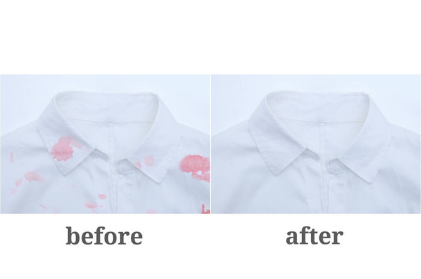 White women's shirt with a collar close-up on a white background with red spots of mud.. Before and after. - Valokuva, kuva