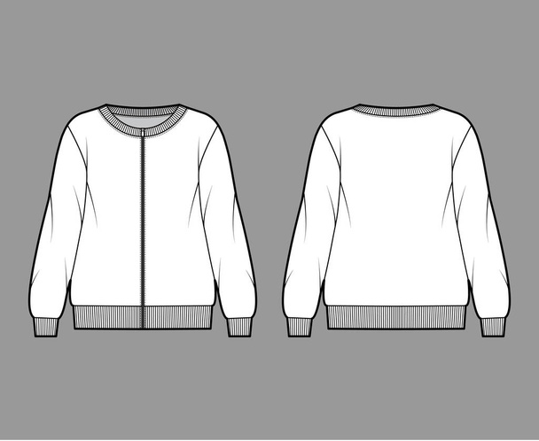 Überdimensionales Baumwolle-Frottee-Sweatshirt mit Reißverschluss, technischer Mode-Illustration mit Rundhalsausschnitt, langen Ärmeln, gerippten Rändern - Vektor, Bild