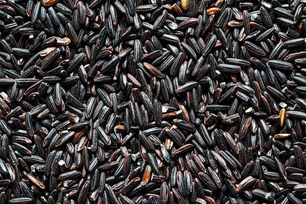 Zwarte wilde rijst korrels achtergrond of textuur. Glutenvrij en gezond plantaardig voedsel. Veganistische voedingscomponent. - Foto, afbeelding