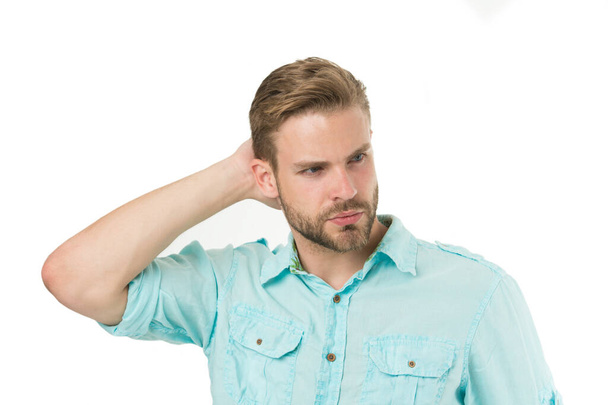 His hair speaks for itself. Handsome guy touching styled hair. Caucasian man with stylish beard and mustache hair isolated on white. Bearded man with unshaven facial hair and trendy haircut - 写真・画像