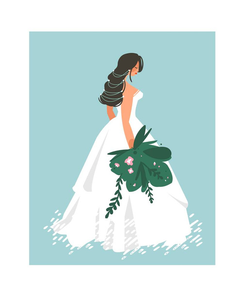 Matrimonio astratto vettoriale disegnato a mano sposa in abito bianco illustrazione isolato su sfondo blu - Vettoriali, immagini