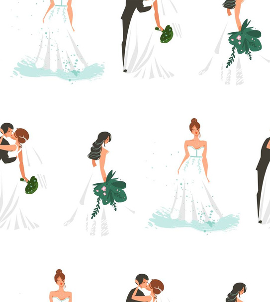 Mão desenhado vetor abstrato desenhos animados casamento bridals e casal ilustração sem costura padrão de impressão de moda isolado no fundo branco. - Vetor, Imagem