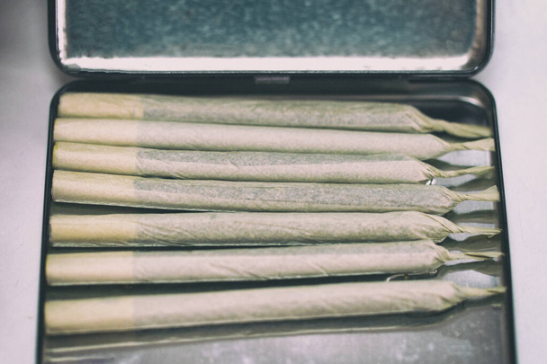 Marihuana cannabis joint w papierośnicy. - Zdjęcie, obraz