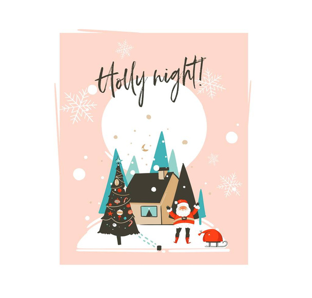 手描きベクトル抽象メリークリスマスとハッピーニューイヤー漫画イラスト屋外の風景とグリーティングカードテンプレート,白の背景に隔離された家とサンタクロース. - ベクター画像