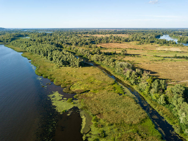 Green bank of the Dnieper river on a summer sunny day. Aerial drone view. - Photo, Image