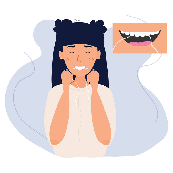 Cute woman brushes teeth with dental floss. Oral care and dental procedures concept. Correctly brush teeth. Oral hygiene every day. Vector illustration in flat style isolated on white background. - Vector, Image