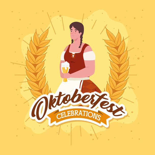 oktoberfest celebración del festival y la mujer con cerveza de vidrio - Vector, Imagen