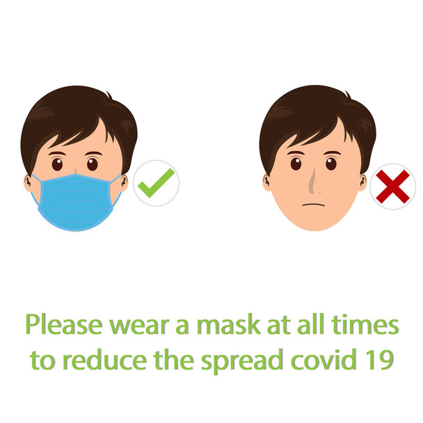 máscara facial médica vectorial y el concepto de texto previenen Covid-19 o Corona Virus  - Vector, imagen