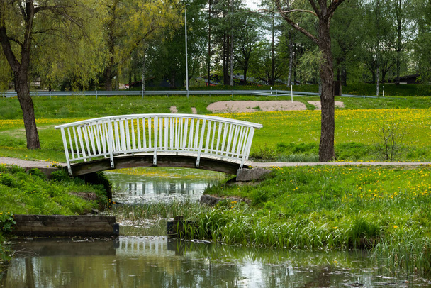 Paisaje con estanque de primavera y puente de madera en el parque - Foto, Imagen