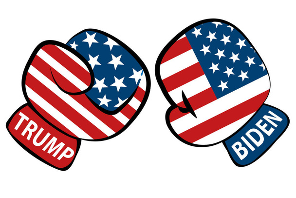 Biden and Trump battle for becoming president of USA United States  of America illustrated like two boxing gloves with the names Biden and Trump printed on them. Cartoon isolated on white background. - Photo, Image