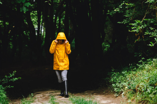 woman in yellow raincoat walking by rainy forest. rear view. copy space. small people in big world - Foto, Bild