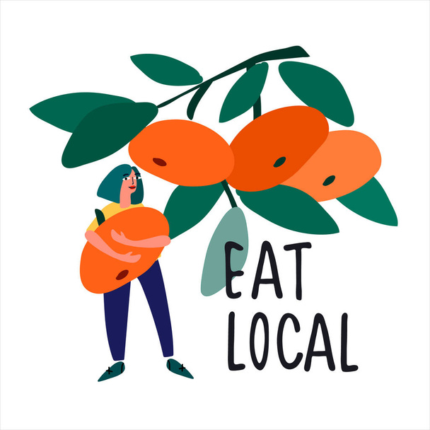 Essen Sie lokale Lebensmittel-Konzept. Erntekonzept. Frau pflückt Mandarinen-Vektorillustration in flachem Stil - Vektor, Bild