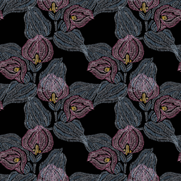 Elegant seamless pattern with calla flowers, design elements. Floral  pattern for invitations, cards, print, gift wrap, manufacturing, textile, fabric, wallpapers. Embroidery style - Vetor, Imagem