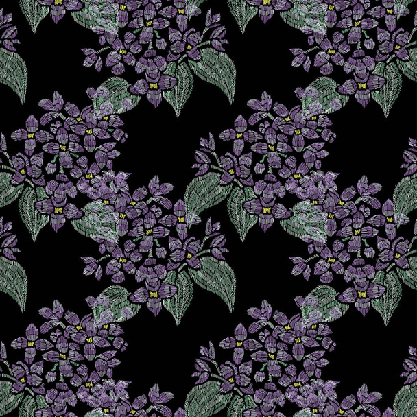 Elegant seamless pattern with lilac flowers, design elements. Floral  pattern for invitations, cards, print, gift wrap, manufacturing, textile, fabric, wallpapers. Embroidery style - Vecteur, image