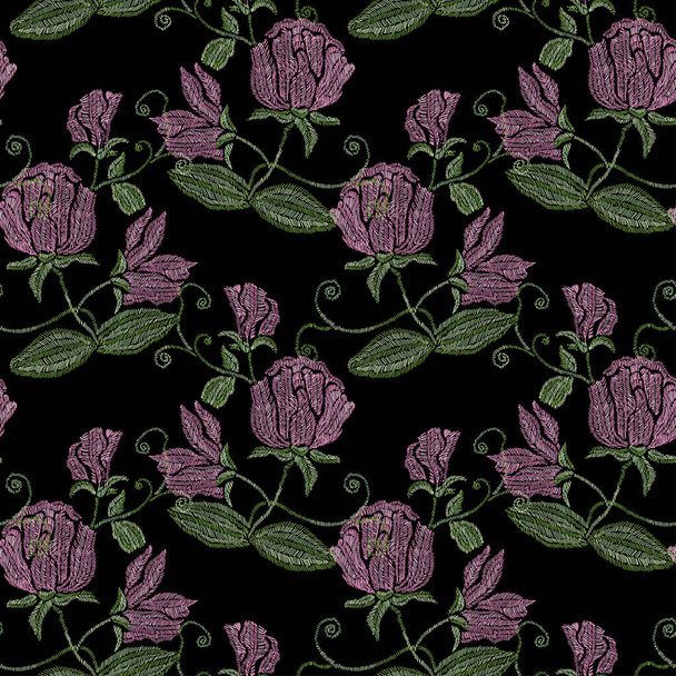 Elegant seamless pattern with sweet pea flowers, design elements. Floral  pattern for invitations, cards, print, gift wrap, manufacturing, textile, fabric, wallpapers. Embroidery style - Vetor, Imagem