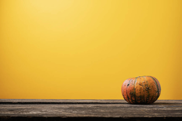Κολοκύθα Squash σε ρουστίκ ξύλινο πίνακα πάνω από το φθινόπωρο κίτρινο φόντο. με άφθονο χώρο αντιγραφής. - Φωτογραφία, εικόνα