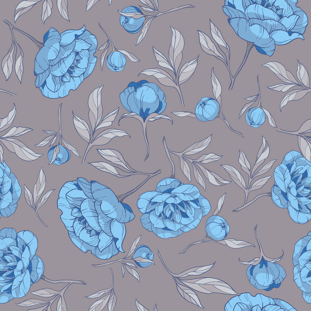 seamless pattern with flowers of blue peonies, with gray leaves on a dark gray background. vector illustration - Vector, Image