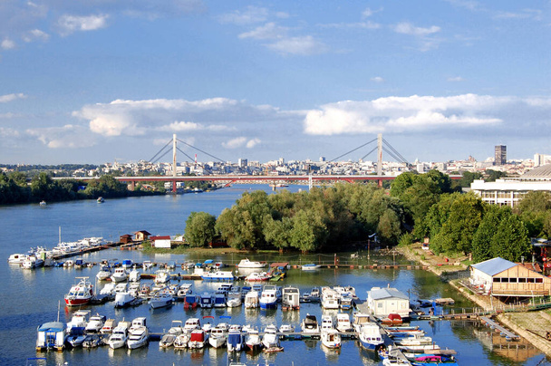Belgrado, Servië. Marina aan Sava rivier en uitzicht op de nieuwe spoorbrug. - Foto, afbeelding