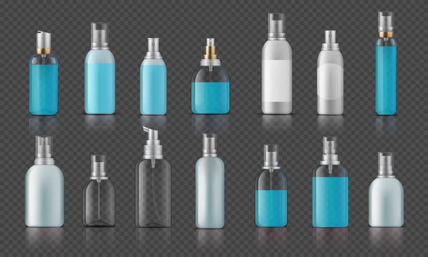 Sanitizer bottle. Infection and disease prevention, corona virus protection, cosmetic bottles with pump. Vector isolated set - Vector, Image