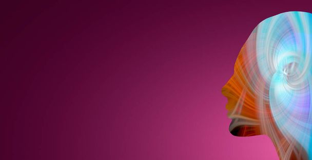 Banner futuristico con profilo testa donna composto da linee astratte colorate e curve su sfondo sfumato liscio magenta con spazio per la copia del testo - Foto, immagini