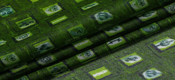Textura, fondo, patrón, tela de seda verde, tejido delicado, bufanda de fantasía de impresión de cheque, diseño, tejido calado - Foto, imagen