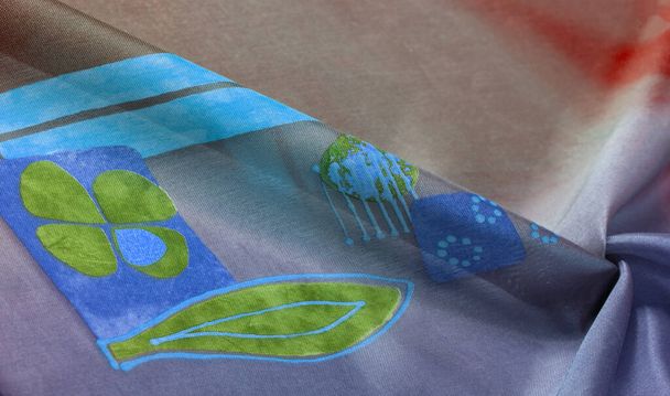 Textura de fundo, tecido de seda, borgonha azul brilhante, com uma pequena impressão abstrata de pinturas rupestres - Foto, Imagem