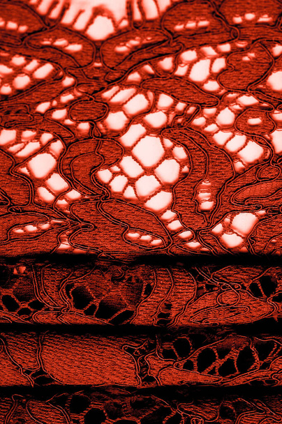 Texture, background, pattern, red lace fabric, delicate embossed lace fabric, scalloped on both edges. Suitable for your projects, design, etc. - Φωτογραφία, εικόνα