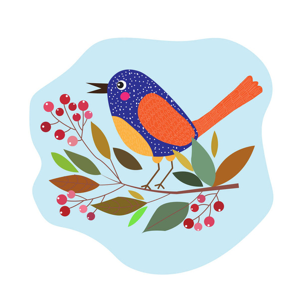 Bright, beautiful bird and tree branch with leaves and berries, autumn, vector illustration - Vector, afbeelding