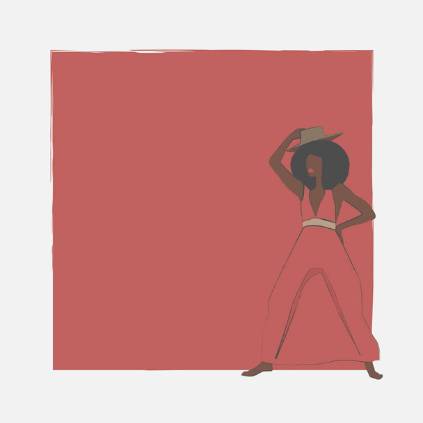 Αφρικάνα με κόκκινο φόρεμα και καπέλο. Εικονογράφηση φορέα μόδας. - Διάνυσμα, εικόνα