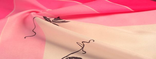 Textur, Hintergrund, Muster, Postkarte, Seidenstoff, rosa und rote Beigetöne, braune Muster mit einem Druck, florales Muster, exquisiter Stoff macht Ihr Projekt zum besten - Foto, Bild