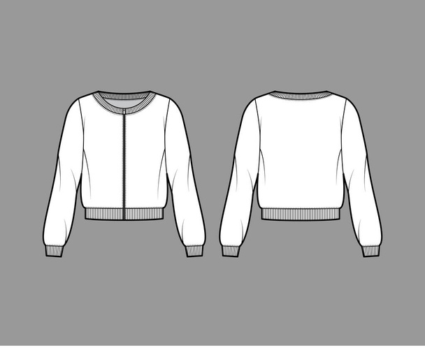 リラックスフィット感、クルーネックライン、長袖リブのトリムとジップアップ綿テリースウェットシャツ技術的なファッションイラスト - ベクター画像