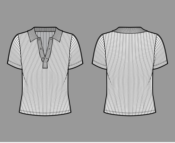 リブのコットンジャージーポロシャツの技術的なファッションイラストで、半袖、フロントに沿ってボタン、特大.  - ベクター画像