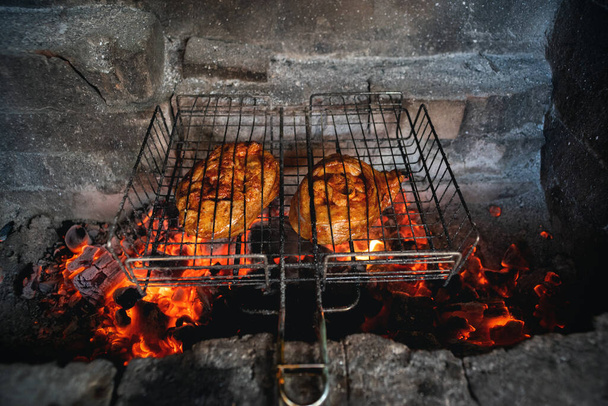 Turkey meat on the barbecue grill close up. - Foto, Imagem
