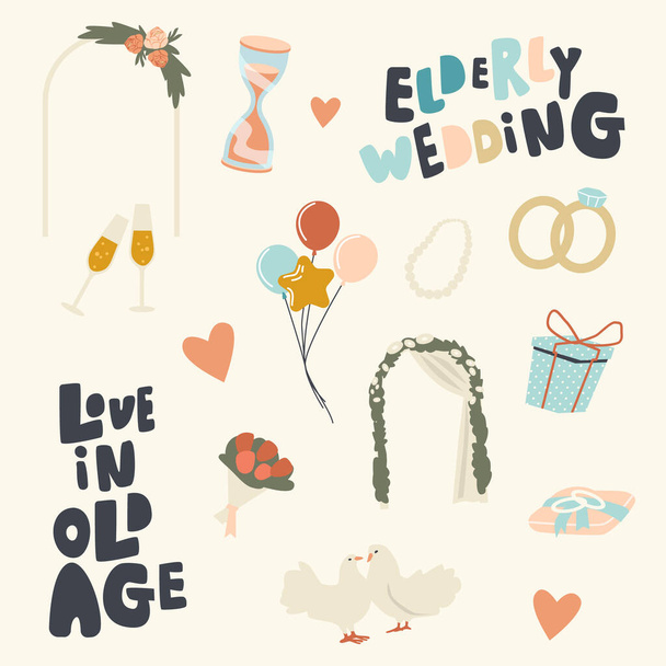 Set of Icons Love in Old Age Theme. Elderly Wedding, Decorative Arch for Ceremony, Champagne Glasses Clinking, Balloons - Vector, Image