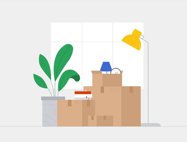 People relocated to new home, moving to new house. Paper boxes with various things - a clock, a lamp, flowers. Vector illustration in flat style. - Vector, Image