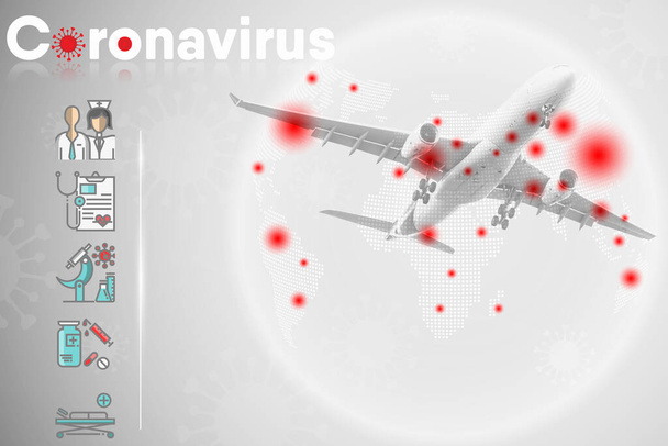 Coronavirus Crisis and Health Prevention From Covid-19 Virus of Public Airplane Aviation, Medical Covid Pandemic Guideline Template for Passenger of Transportation Airline. Healthcare/Medicine Concept - Foto, imagen