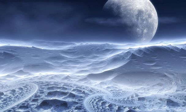 Fantastisches 3D-Bild, Landschaft, die Oberfläche eines anderen Planeten, vor dem Hintergrund des Himmels mit Wolken und einem riesigen Satelliten - Foto, Bild