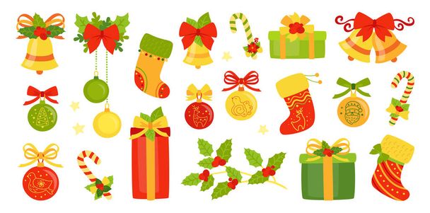 Christmas bells New Year holly gift set vector - Vector, Image