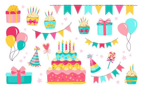 Elementos de cumpleaños conjunto colorido vector caja de regalo - Vector, imagen