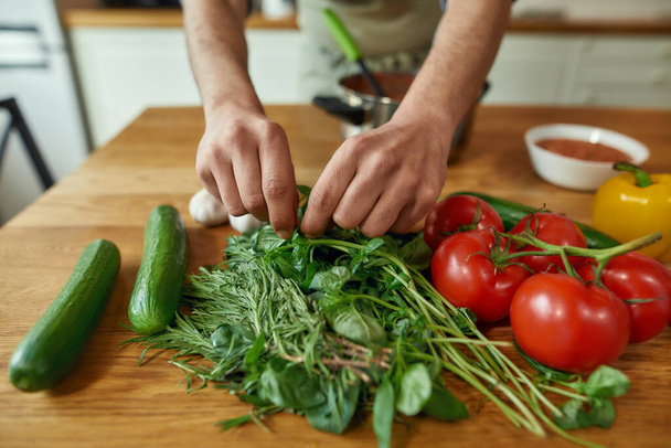 Primo piano delle mani dell'uomo, cuocere servire la zuppa tradizionale, utilizzando foglie di basilico per decorare il pasto. Cucina a casa, concetto di cucina italiana - Foto, immagini