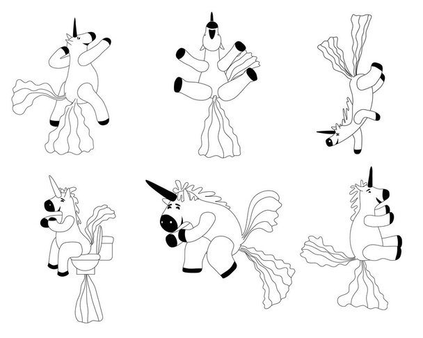 Set Unicorns smiling pooping a rainbow, fantasy cute character beast multicolored shit turd, lineart. Vector illustration isolated doodle style - Vector, Imagen