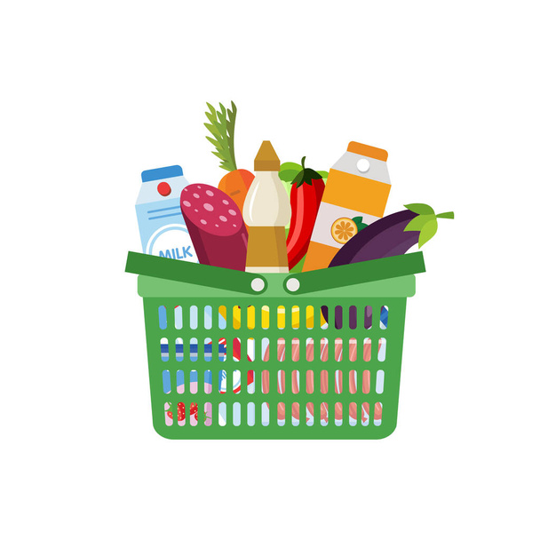 Supermarket basket full of grocery products flat vector illustration isolated. - Vettoriali, immagini